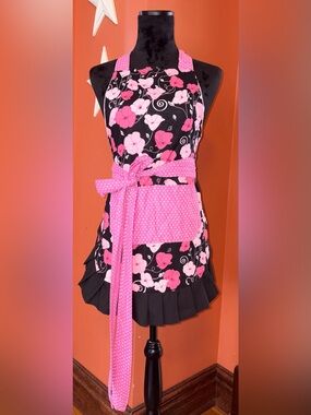 Pink Floral Backless Apron Dress with Polka dot accent
